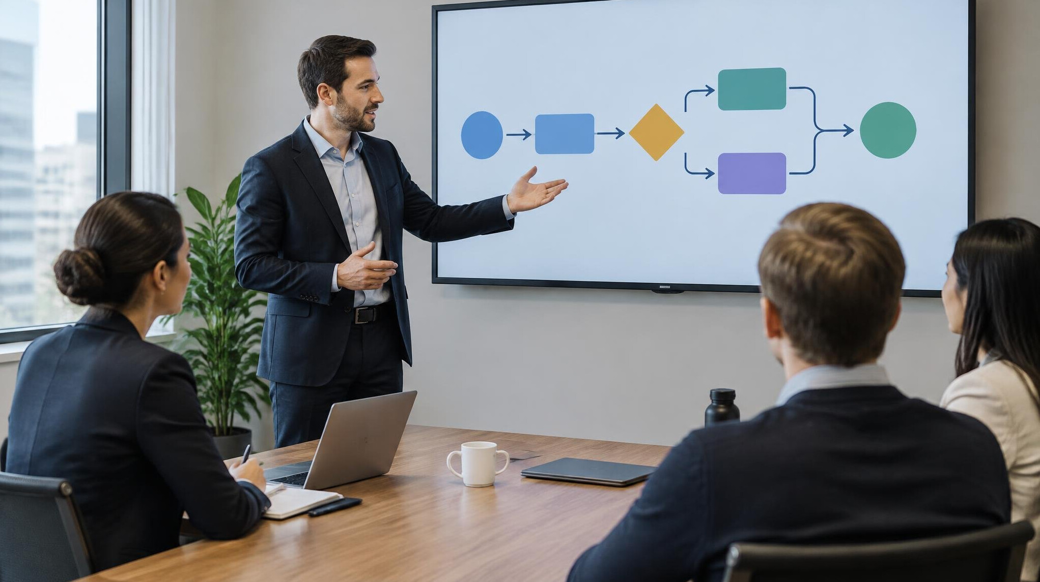 Presentation of a workflow on a screen in a meeting room