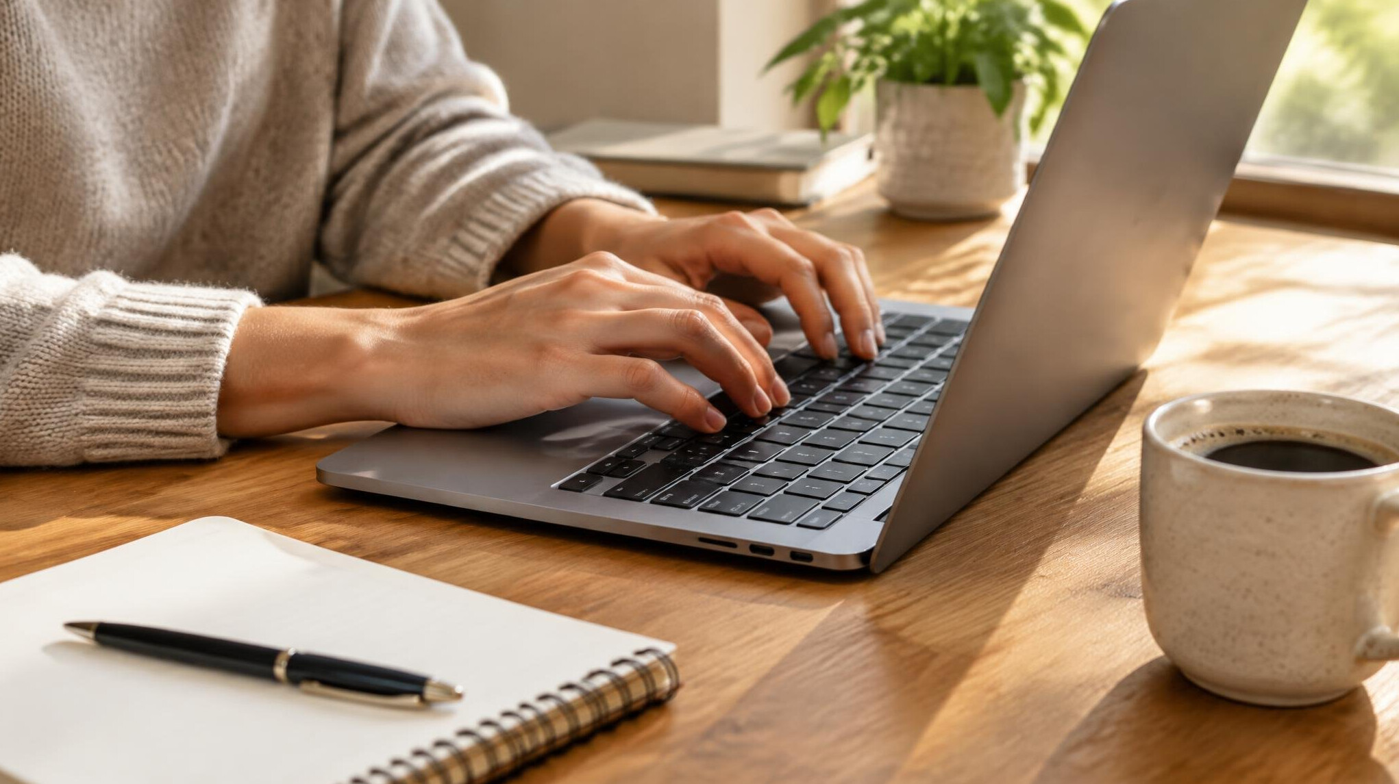 Hands typing on a laptop while taking notes