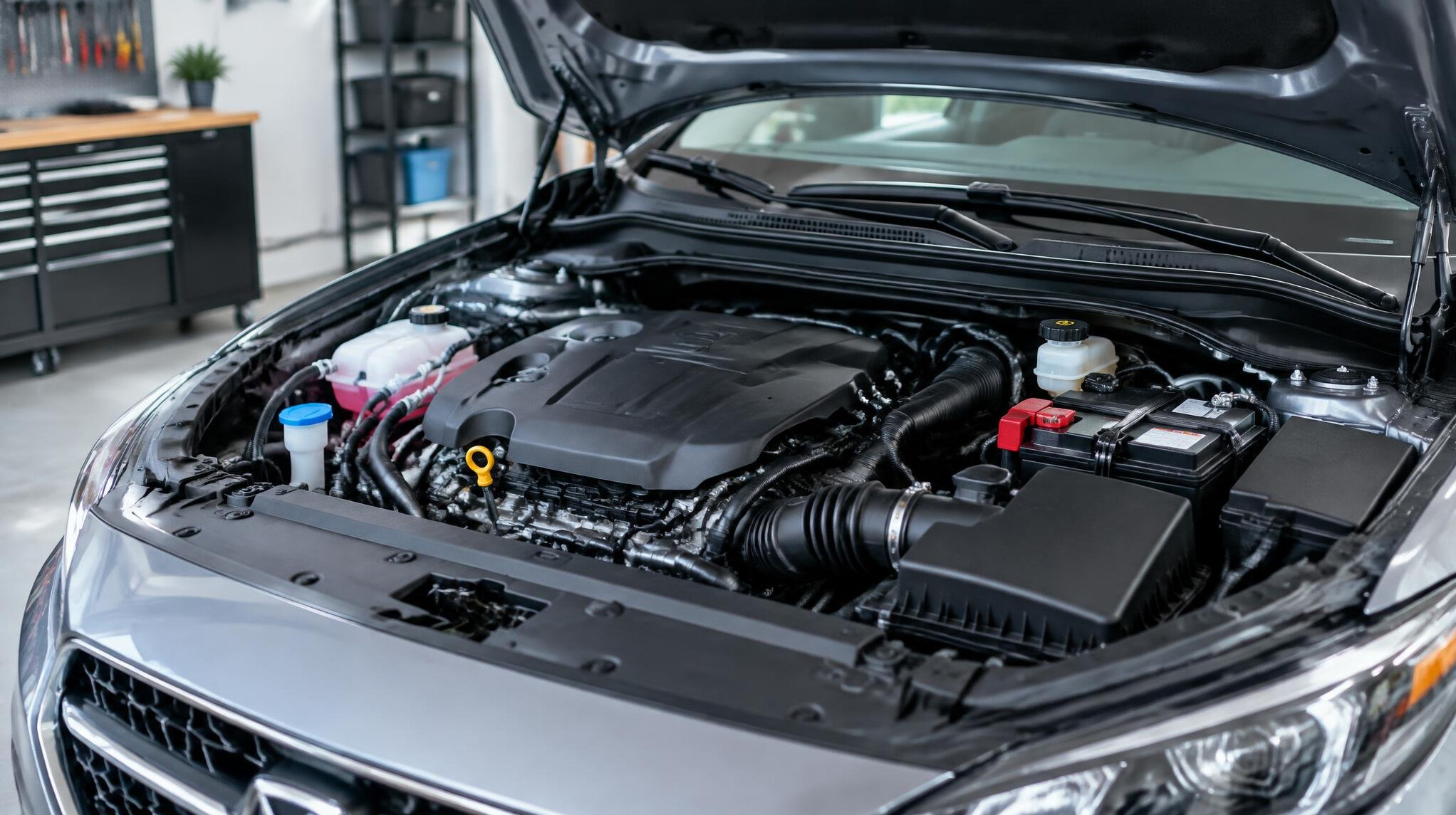 Open car hood showing a clean engine bay