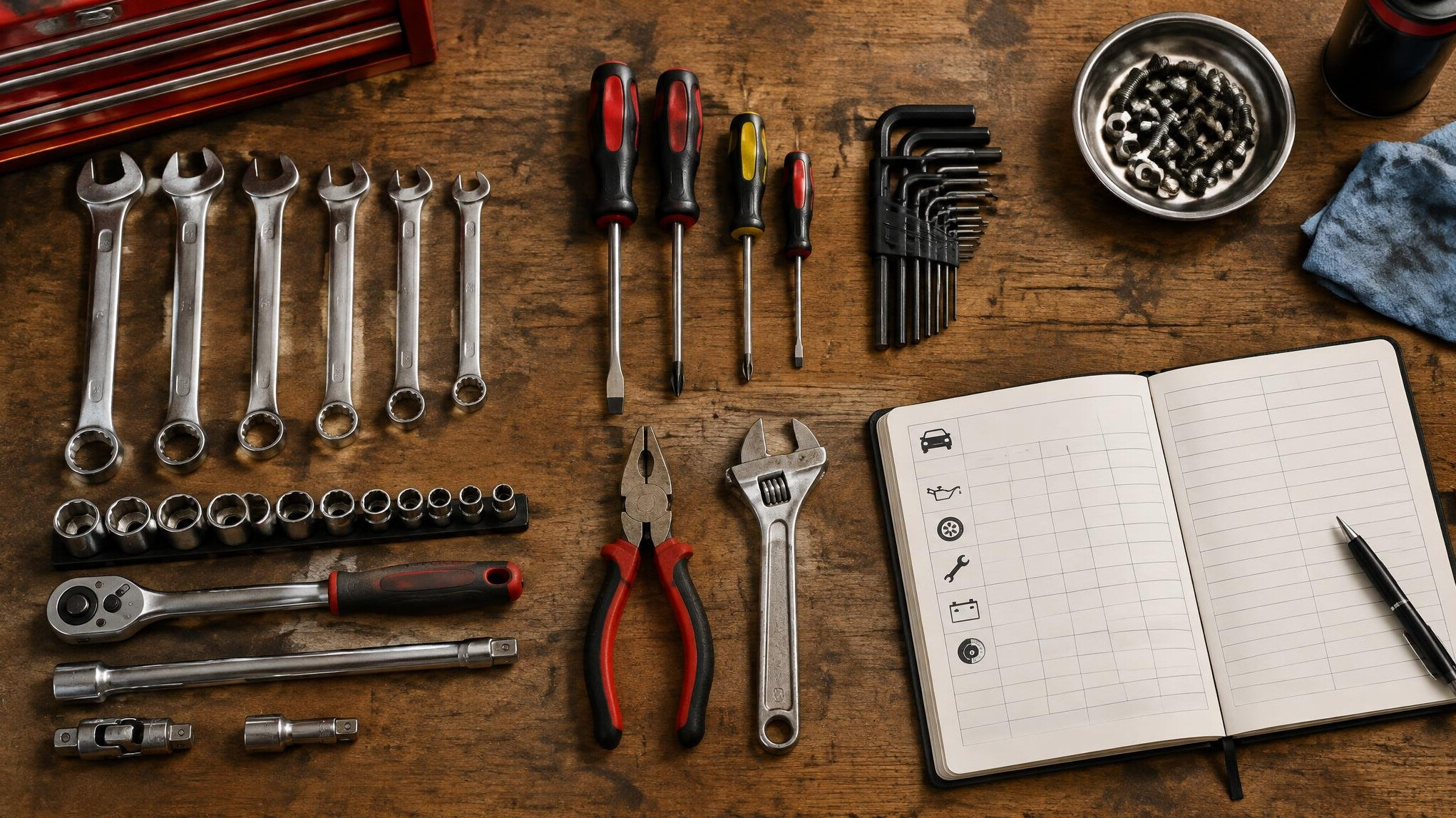 Mechanic tools laid out on a workbench