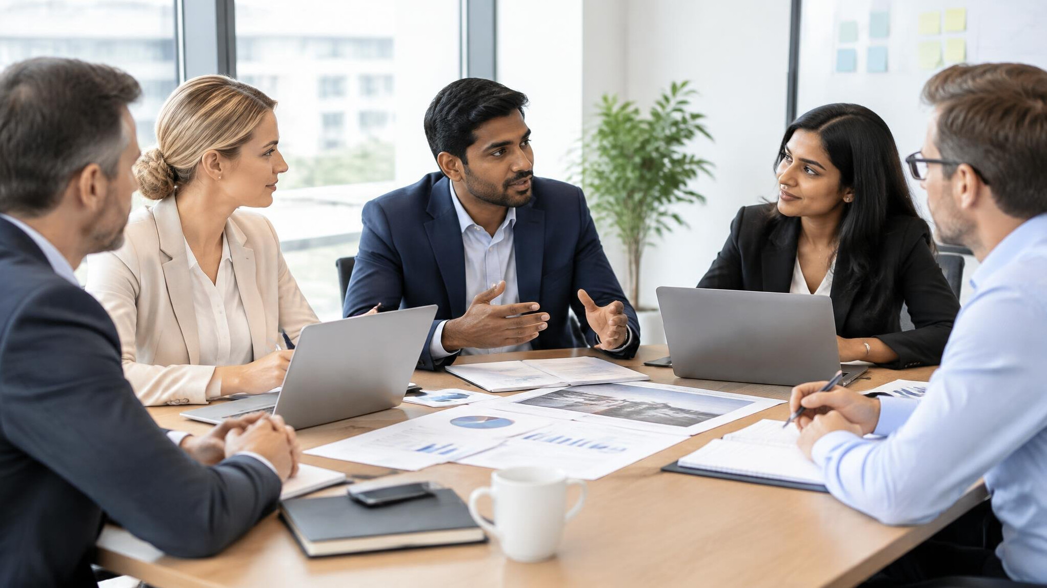 People around a table reviewing documents and laptops