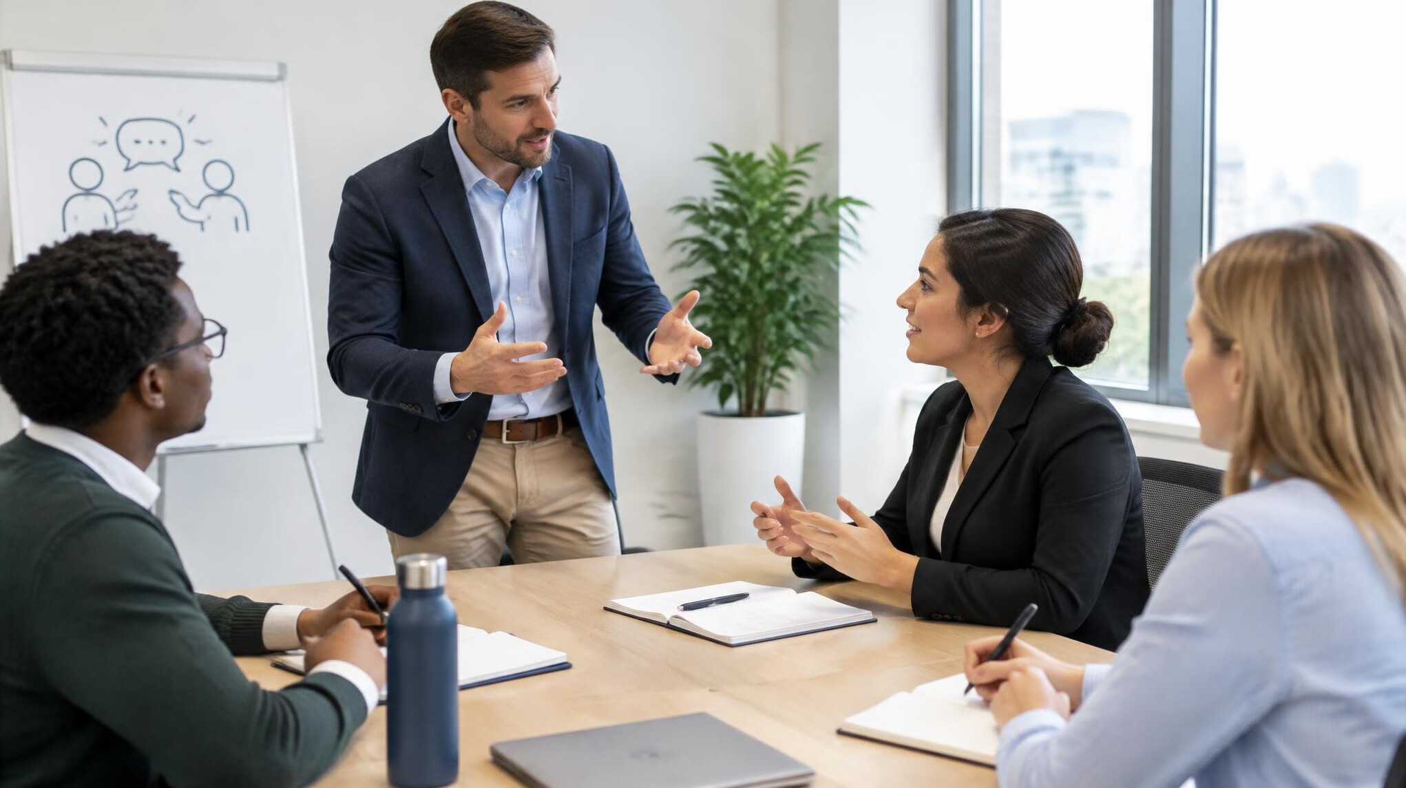 Trainer coaching a sales team in a meeting room