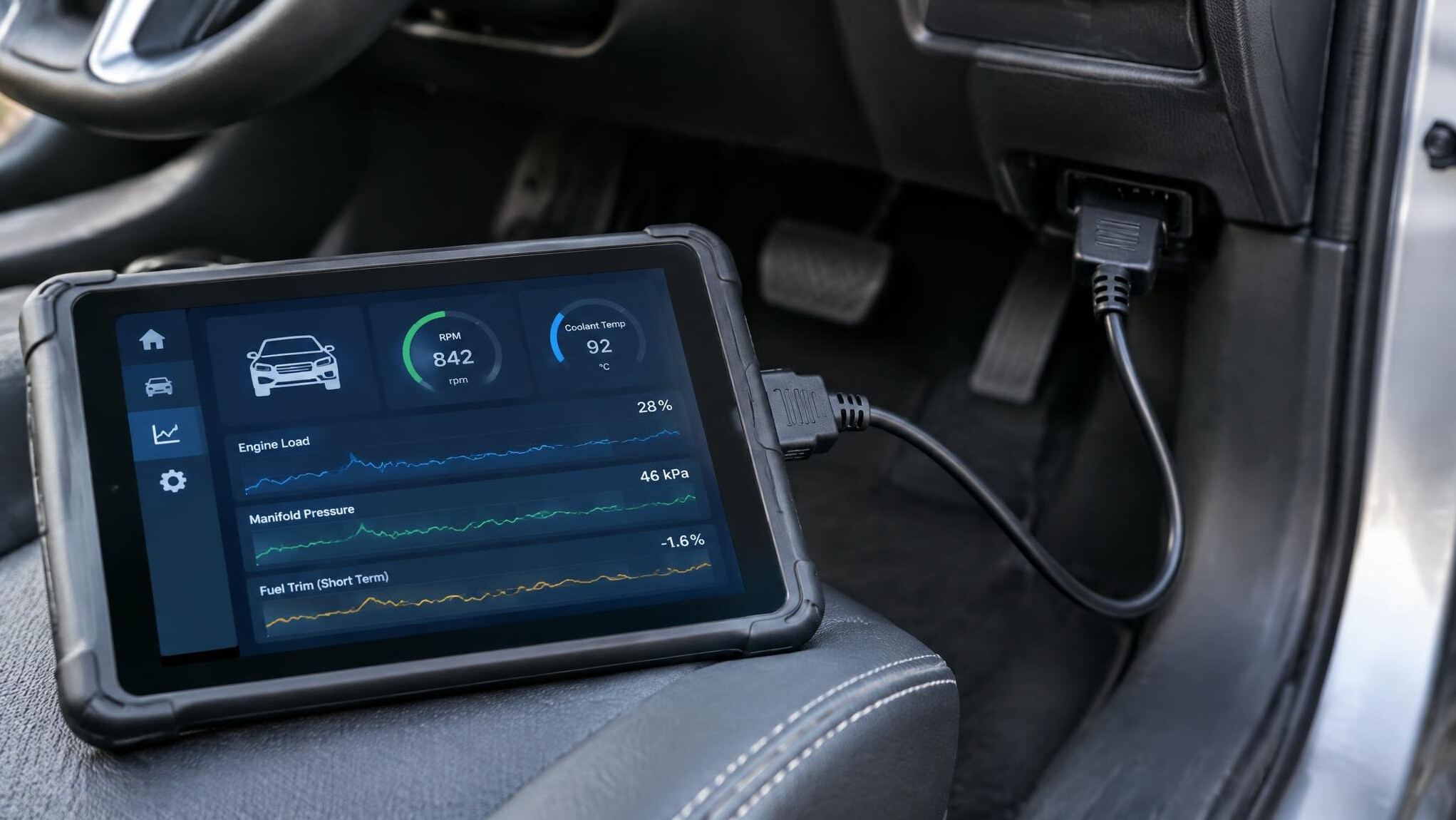 Car diagnostic tablet connected to an OBD port