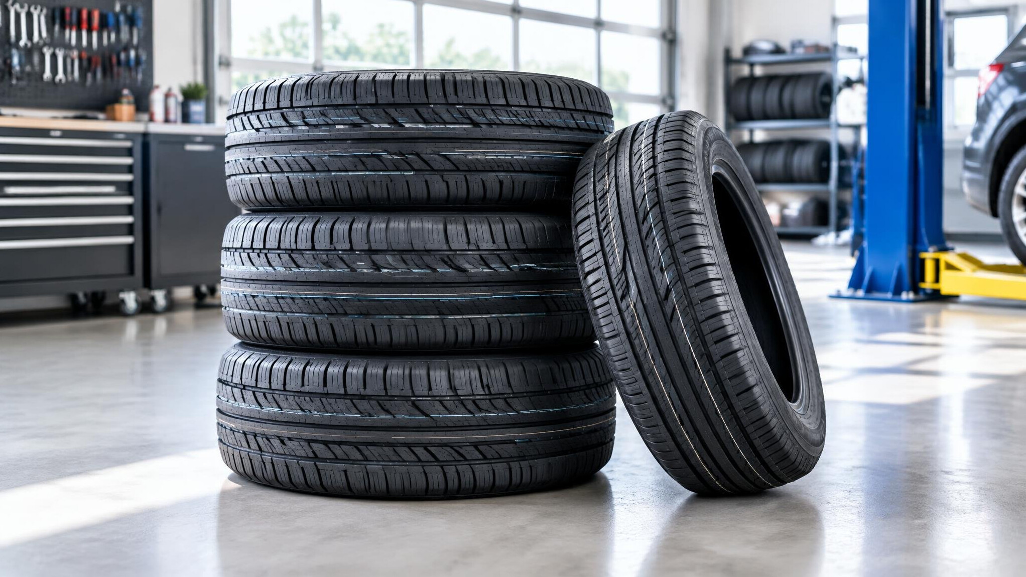 Stack of car tires in a workshop