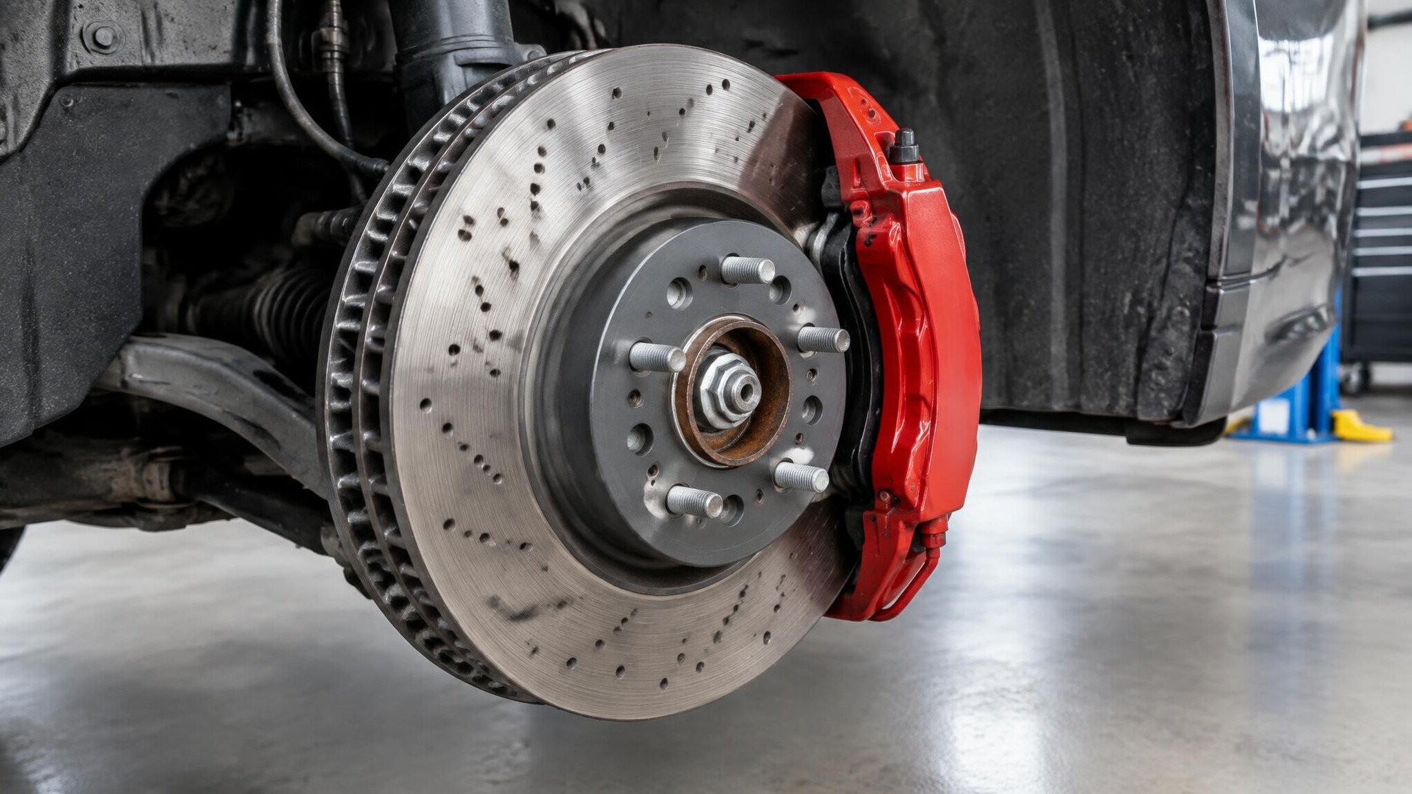 Close-up of a car wheel with brake disc and caliper