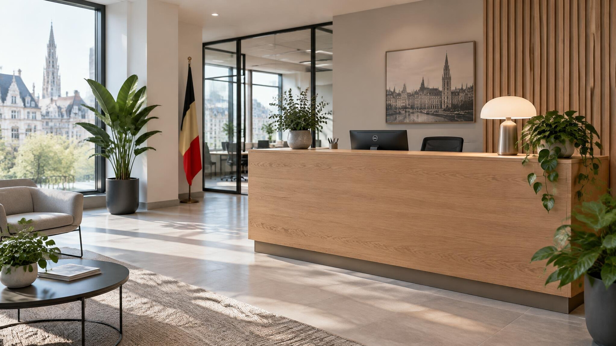 Reception area of a modern office with a desk and plants